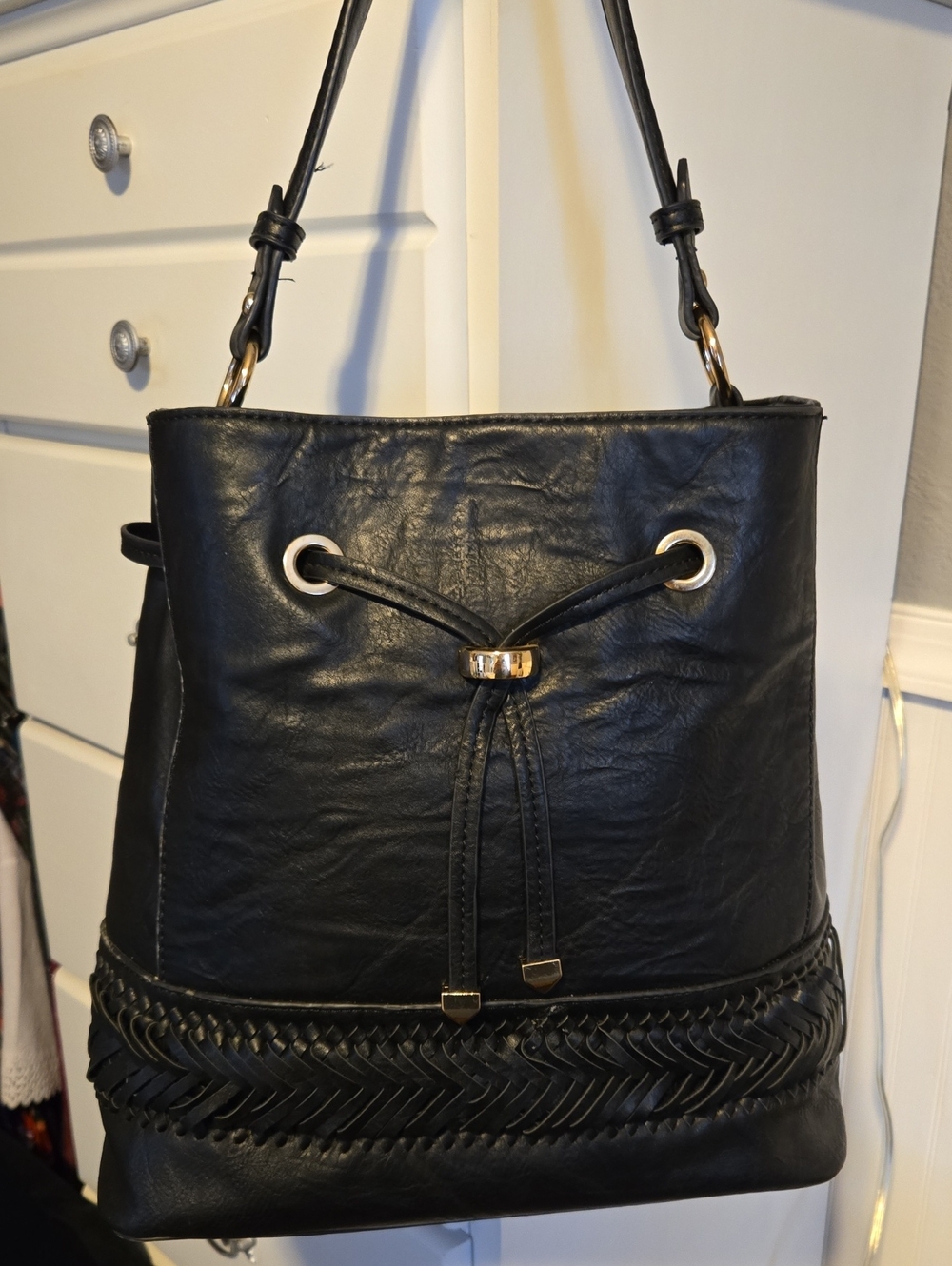 Black Drawstring Bucket Bag with Braided Trim